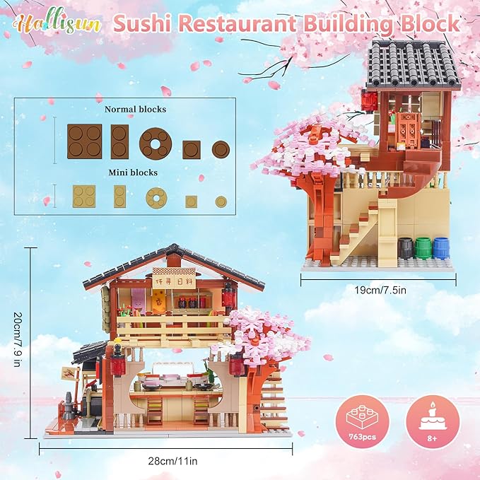 Toy Building Block Japanese Sushi Shop Model Kit Compatible with Regular Size Brick Creative Construction Shop House City View Birthday Gift for Adult Children Kids Boys Girls 8+ 763 PCS