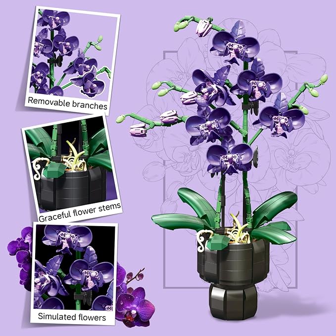 Orchid Flowers Building Sets with Vase Purple Orchid Botanicals Collection Building Toys for Home Office Decor Desk Decor Christmas Birthday Gifts for Women Adults Girls Age 8-12+ (666 PCS)