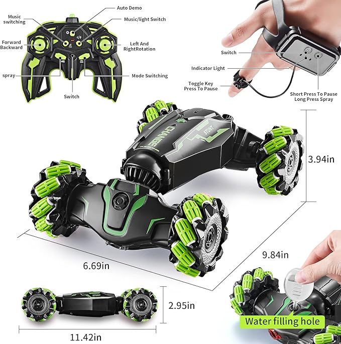 4WD Remote Control Gesture Sensor CarHand Controlled RC Stunt CarDouble-Sided Vehicle 360° Rotation with Light and Music Spray Watch Toy Cars for Boys &amp Girls Birthday