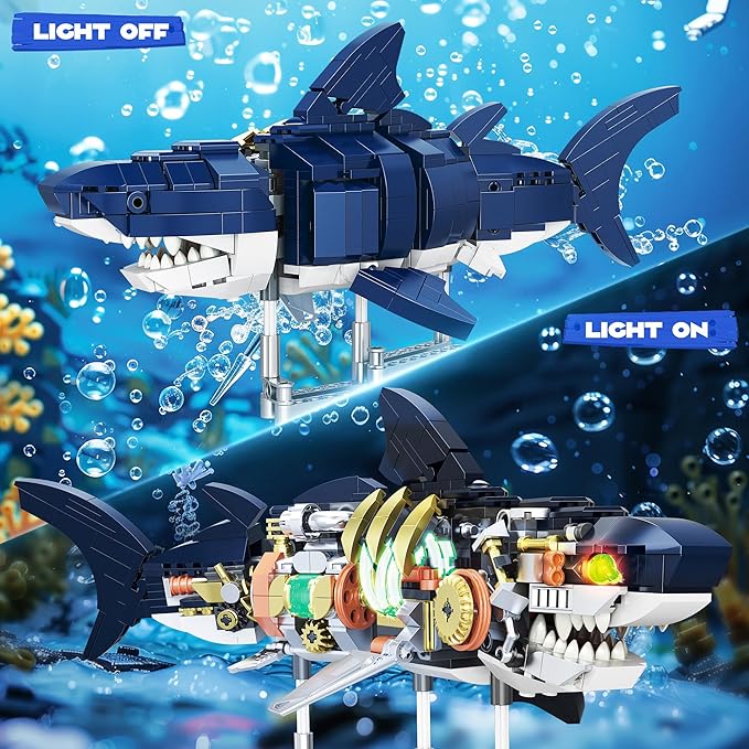 Jorumo Shark Building Block Set for Boy 8-12 Ideas Sea Animal Building Blocks Toys with Lighting and Rotatable Link Components STEM Toys for Kids Adults Crossing Ocean Lovers 666Pcs