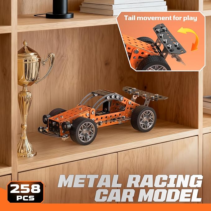 Metal Building Set Race Car Construction Kit Educational STEM Toy with Wheels Orange and Black