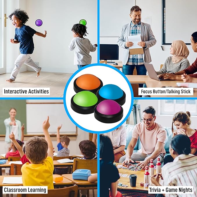 Teacher's Choice 4 Pack Game Buzzers with Unique Loud Sounds for Each Buzzer | Great for Trivia Games Family Feud Jeopardy Competition Spelling Bees and More