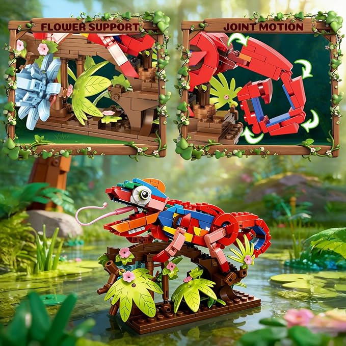 3-in-1 Parrot Building Sets 538 PCS Chameleon &amp Crab Animal Model with Flowers Creative Bird Construction Kit for Adults Nature Display Gift (Compatible with Major Brands)