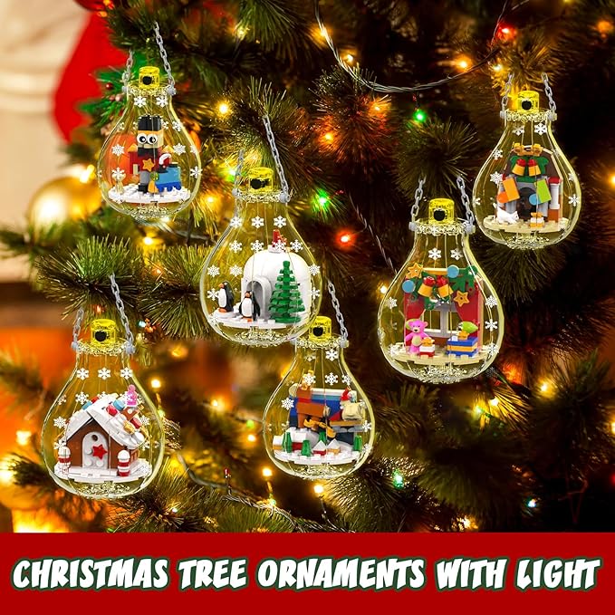 Christmas Tree Ornaments Building Set with Light Santa Claus Gingerbread House Nutcracker Penguin Bear Building Kit in Bulbs 6 Pack Xmas Decorations Stocking Stuffers Gift for Kids (405 PCS)