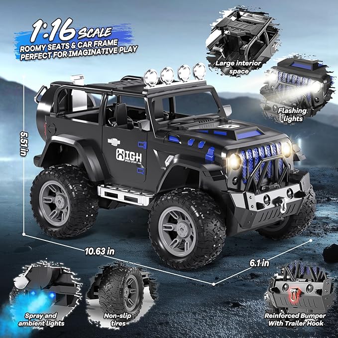 1:16 Remote Control Car with Spray Lights and Sound 2.4GHz Remote Control Jeep for Kids All Terrain Off-Road Jeep RC Car Toys Gift for Boys and Girls