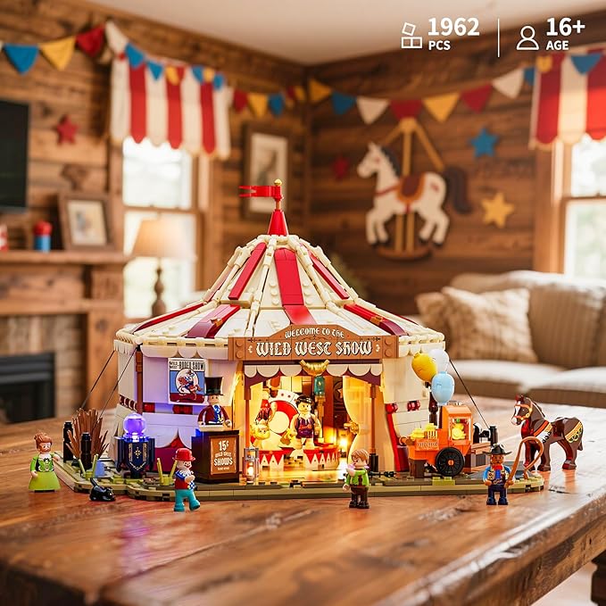 Travelling Circus Lighting Building-Bricks Set - The Wild West Show 1962 Pcs Collection Display Set for Adults and West Lovers