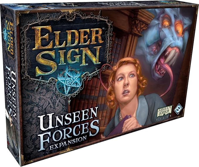 Elder Sign Unseen Forces Board Game EXPANSION - Mystical Blessings Curses and New Challenges! Cooperative Dice Adventure Ages 14+ 1-8 Players 1-2 Hour Playtime Made by Fantasy Flight Games