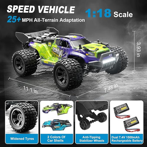 1:18 Scale 4WD High-Speed RC Car 25 MPH Off-Road Remote Control Truck for Adults &amp Teens - All Terrain Electric Vehicle with 2 Rechargeable Batteries &amp 2.4GHz - Gift Idea (1:18 Scale)