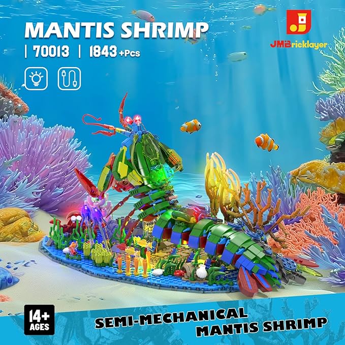 JMBricklayer Mechanical Mantis Shrimp Building Blocks Set with LED Lights Sea Creatures Ocean Animal Model Building Toys with Jellyfish Crabs Coral Reef Sea Creative Display Gift for Adults Kids 14+