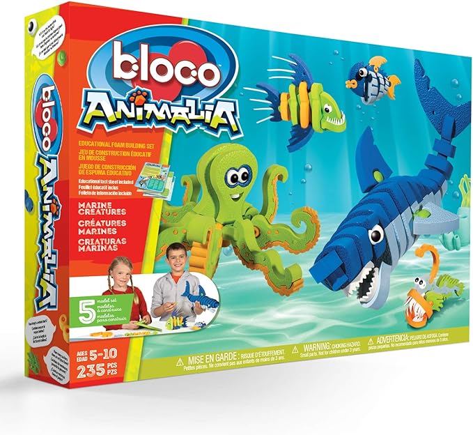 Bloco Toys Marines Creatures | STEM Toy | Shark Octopus Piranha Deep Sea &amp Tropical Fish | DIY Educational Building Construction Set (235 Pieces)