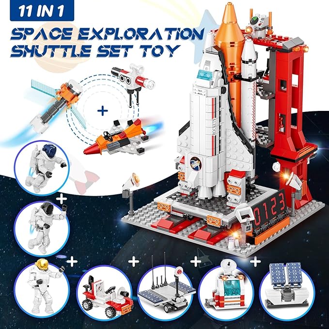 Space Exploration Shuttle Toys 12-in-1 STEM Aerospace Building Kit Toy Rocket Building Kit Toy with Launcher Astronauts Airplane Rocket Gift for 6 7 8 9 10 11 12+ Years Old 855 Pcs