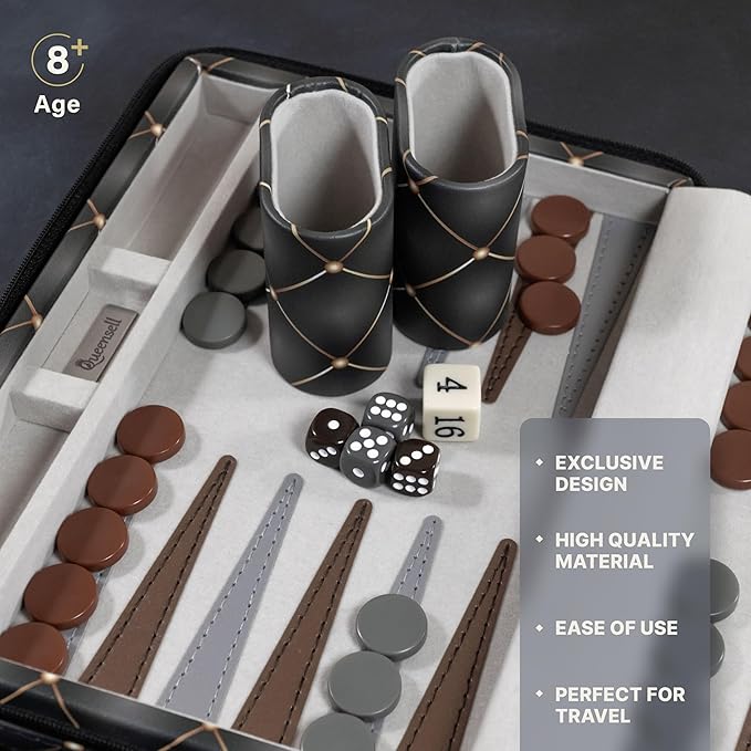Magnetic Travel Backgammon Sets for Adults - Quality PU Leather Backgammon Board Game for Adults and Kids - 14 Gift for Man Backgammon Board with 32 Magnetic Pieces in PU Leather Case