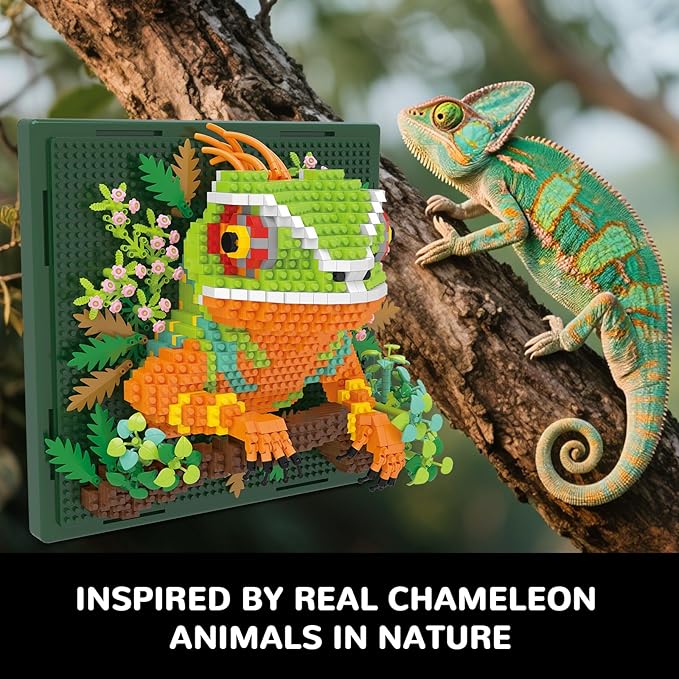 Chameleon Animal 3D Wall Art Micro Mini Building Blocks Set Unique Home Wall Decor or Table Display No Compatible with Lego Ideal Gift Toy for Adults &amp Boys Girls 14+ (1376 PCS)