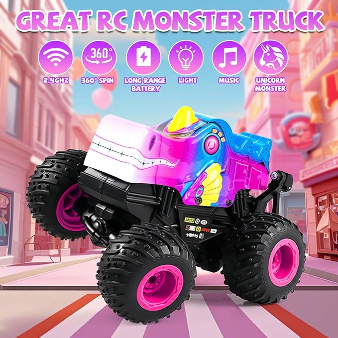 YongnKids Remote Control Car for Girls 2.4Ghz Unicorn Monster Trucks with Light &amp MusicUnicorn Toys for Girls Age 3 4 5 6 7 8 Years 360° Rotating All Terrain RC Stunt Car Rechargeable Xmas Gift