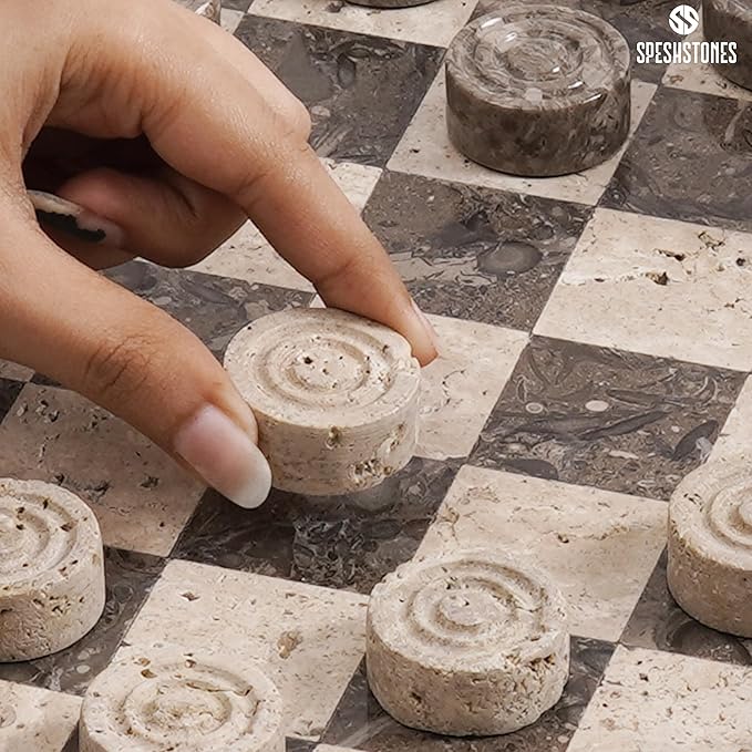 Marble Checkers Set 15 Inches Handmade Oceanic &amp Travertine Checkers Board Game with Checker Pieces - Board Games for Adults Game Table Accessories Gifts &amp Home Décor
