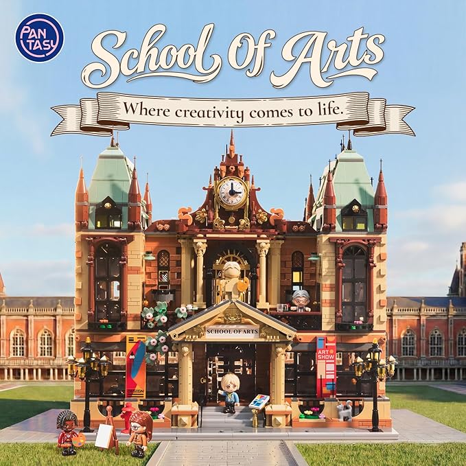 PANTASY Art School Building Set with Lights European Style Modular Street Architecture 3-Level Detailed Interior LED Lighting System Collectible Display Building for Adults