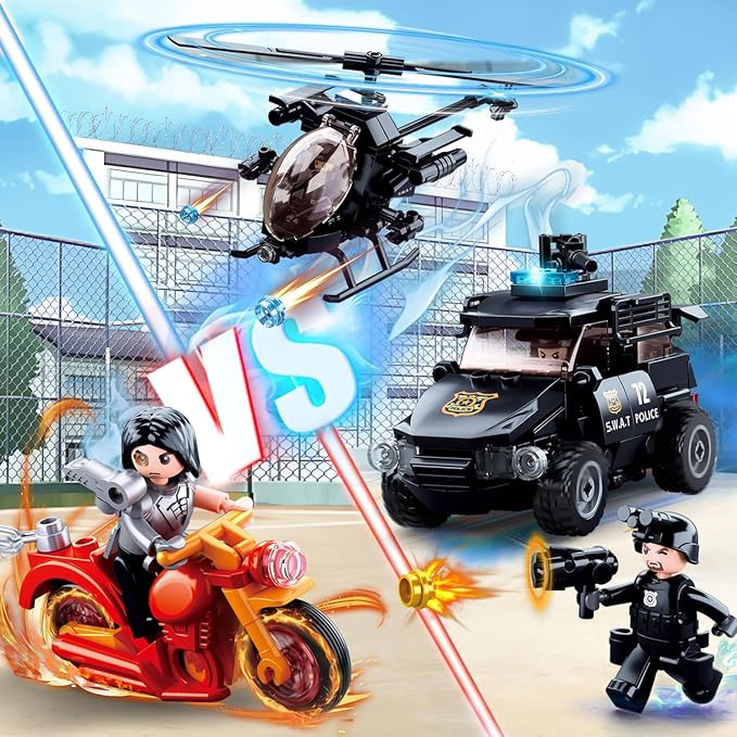 City Police Chase Building Set SWAT Police Building Kit with 4 Minifigures &amp Helicopter &amp Police Truck &amp Motorcycle Compatible with Lego City Police Station Gift for Boys Girls Aged 6+