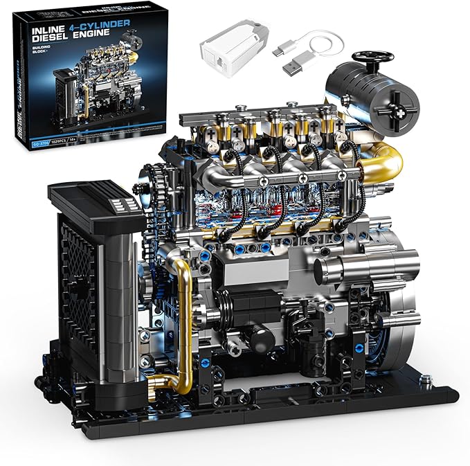 Diesel Engine Model Kit That Runs for Adults MOC Mini Inline 4-Cylinder Diesel Engine Building Set with Motor Compatible with Lego Mechanical Engineering STEM Toy for Teens (1029 PCS)