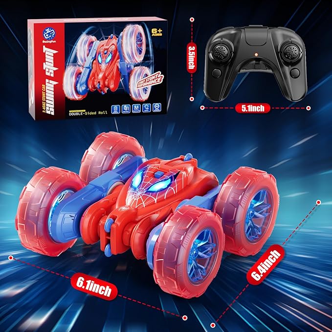 Spider Remote Control Car 360° Stunt RC Cars for Kids Ages 6-12 Double-Sided Rotation 4WD Cool Wheel Lights&amp2.4GHz Control Rechargeable Electric Race Car Toys Gift for Boys Girls (Red&ampBlue