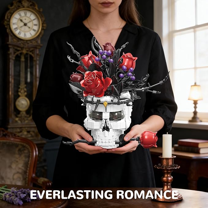 Skull Roses Flowers Building Set for Adults Gothic Horror Skeleton with Red Bouquet Botanical Collection Home Art Decor Gift for Women Girls