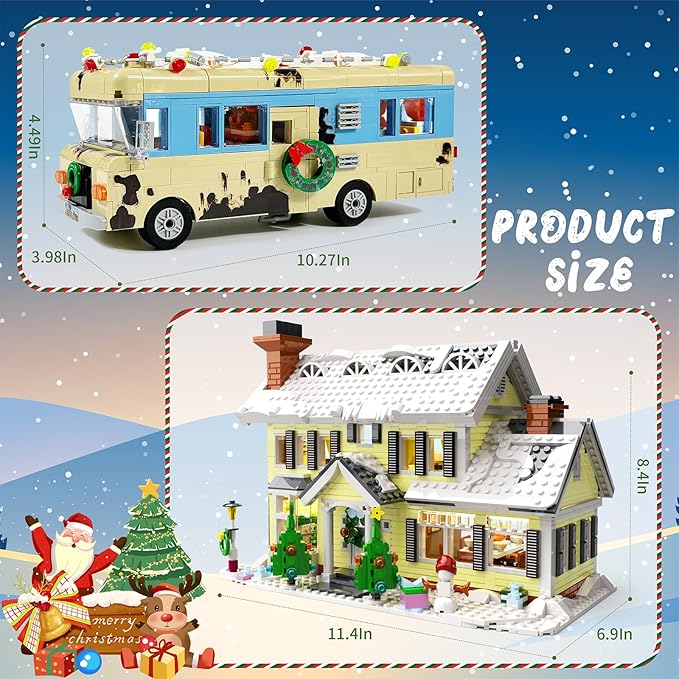 Snow Village&amp RV Building Set with LED Lights2 in 1 Christmas Vacation Holiday House and Christmas Holiday Snow Village RV Gift(1726PCS)
