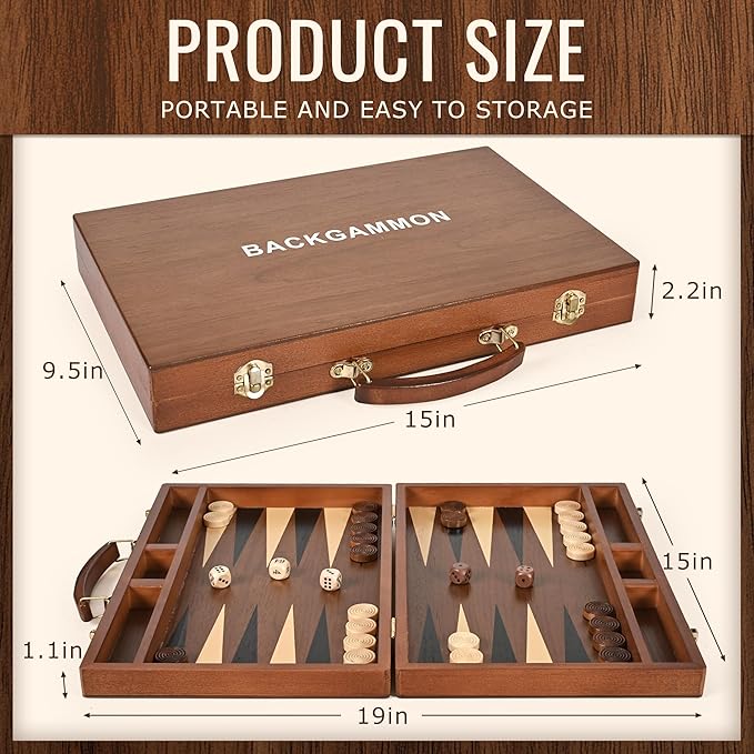 ropoda Sapele Wood Backgammon Board Game Set (15 Inches) for Adults and Kids - Classic Board Strategy Game - Portable and Travel Backgammon Set with Wooden Playing Pieces and Accessories