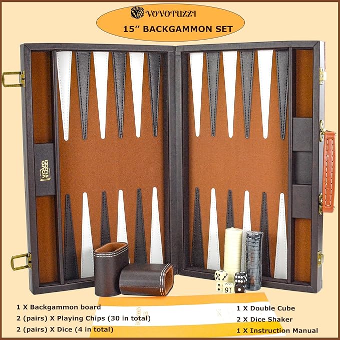 Premium Backgammon Set Backgammon Sets for Adults15 Inches Backgammon Board Games for Adults and Kids Travel Backgammon Set Strategy Game Checkerboard Design Brown