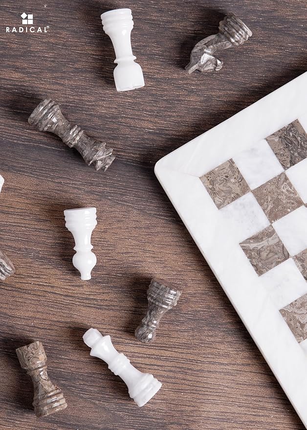 Radicaln Marble Chess Set 12 Inches White and Grey Oceanic Handmade Luxury Board Game for Adults Classic Stone Chess Board &amp Pieces Premium Game Night Gift for Home Decor