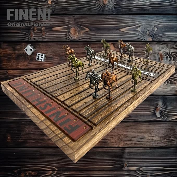 Horse Racing Game for Adults Horse Race Board Game with 11 Luxurious Antique Matt Metal Horses(Bronze Brass Silver) 19” Wood Horse Race Game Board Dice &amp Card Included (Log)