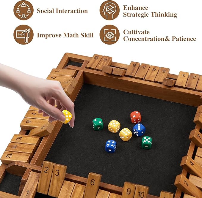14 inches 1-4 Players Shut The Box Dice Game Upgraded 12 Numbers Wooden Board Table Math Game with 12 Dice Close The Box for Adult Kids Family Classroom Home or Bar