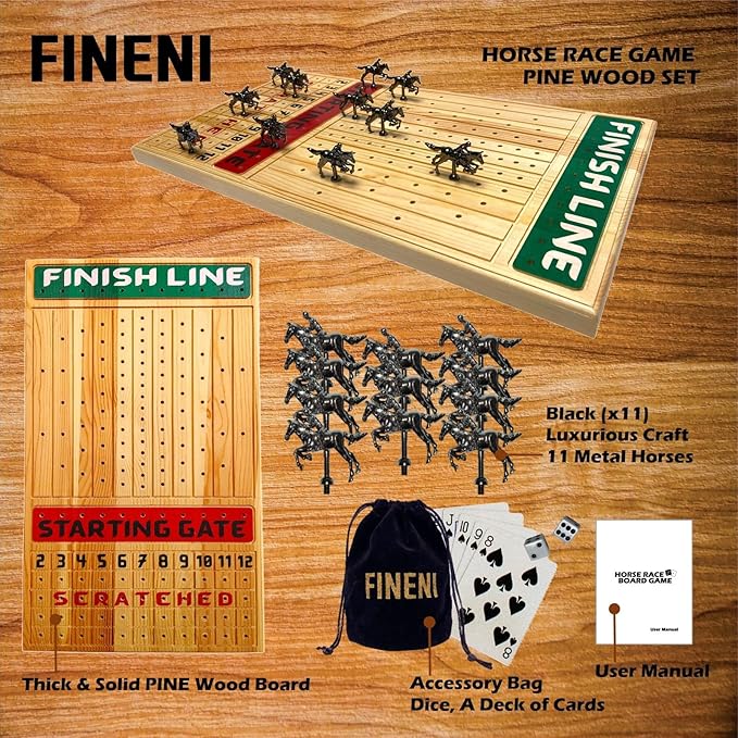 Horse Racing Board Game with Luxurious Durable Metal Horses 11 Pieces Black Real Pine Wood Horseracing Game Board Dice and Cards