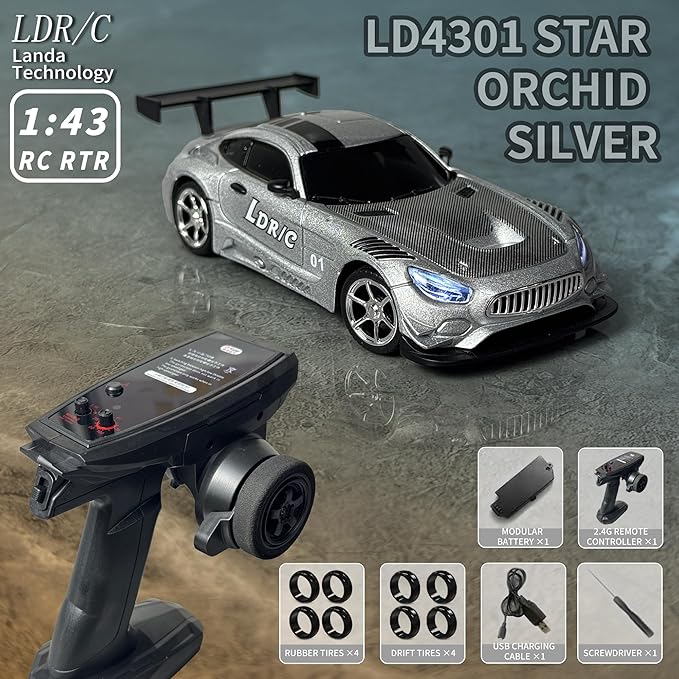 LDRC LD4301 1:43 Scale RC Drift Mini Car 2.4G Remote Control Car with Alloy Shell Built-in Gyroscope Mini Desktop Racing Vehicle for Indoor/Outdoor Play (Silvery)