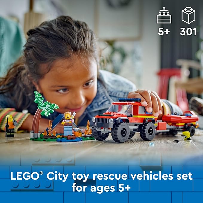 LEGO City 4x4 Fire Truck with Rescue Boat - Building Toy for Boys &amp Girls Ages 5+ - Gift for Birthdays - Truck Toy W/ 3 Minifigures - 60412