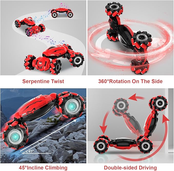 RC Car Toys for Boys Girls 6-12 Birthday Xmas Gifts for 6 7 8 9 10 11 12 Years Old Gesture Sensing RC Stunt Car with Lights Music 2.4GHz 4WD Hand Remote Control 360° Rotate All-Round Drift
