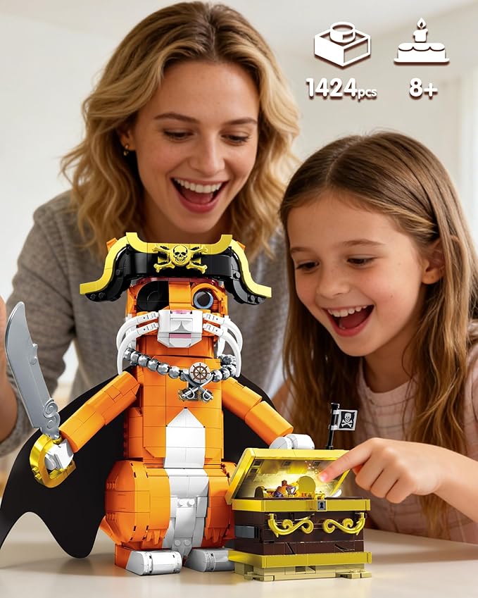 Pirate Captain Cat Building Set for Adults Compatible with Lego Set 1424PCS Orange Cat with Treasure Chest &amp Pirate Hat Adventure Collection Gifts for Animal Lovers