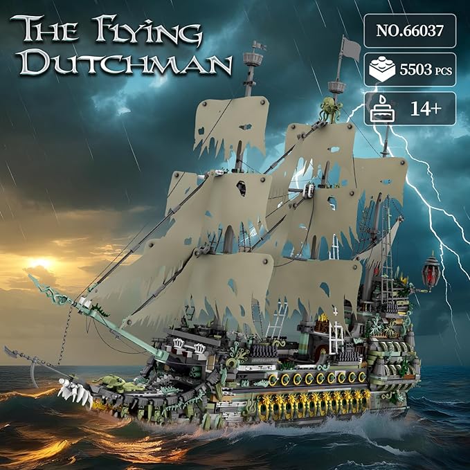 Reobrix Pirate Ship Building Sets MOC Flying Dutchman Model Toy BoatGreen Ghost Ship Building Blocks Sets 66037Toy Sets for AdultsHalloween Home Decor Birthday Gifts for Kids 14+(5503 PCS