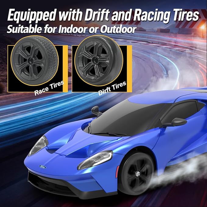 YONCHER RC Drift Car Remote Control Car for Kids Ford GT Officially Licensed 1:24 20KM/H 4WD with Lights Fast Racing Toy Car for Boys Girls Blue
