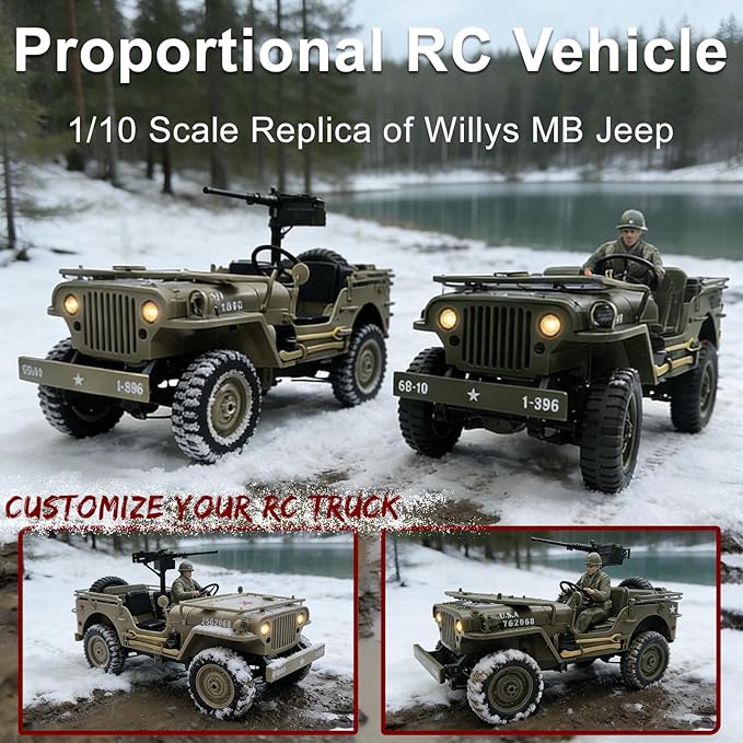 YUCT 1/10 RC Crawler Willys Jeep RC Rock Crawler 4x4 Military Off-Road Car with Driver Figure &amp Machine Gun Oliver Green