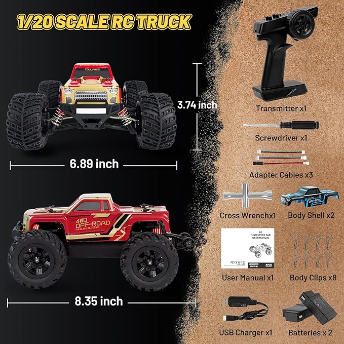 JT20W-V2 1/20 Scale 4WD Brushless RC Car for Adults45KPH High Speed Hobby RC Truck4x4 Waterproof Off-Road Remote Control Electric VehicleAll Terrain RTR Fast Buggy with 2 Lipo Batteries