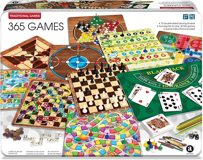 365 Games - Traditional Strategy Board &amp Card Games Tin Storage Container Game for Each Day of Year Family Ages 6+ 1-8 Players