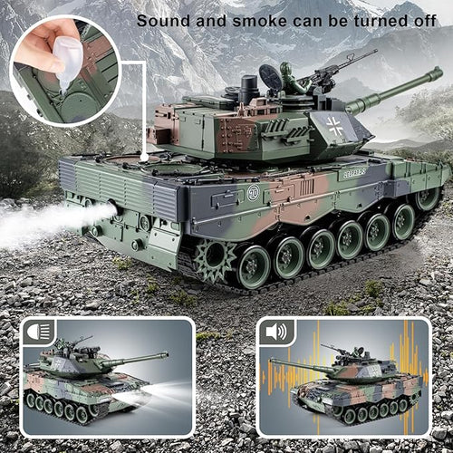 1:18 RC Tank 2.4Ghz German Leopard II Remote Control Tank Model Toys Battle Army Tank 15 Channel with Smoke Light and Sound Military Toy for Adults and Kids That Shoots BBS