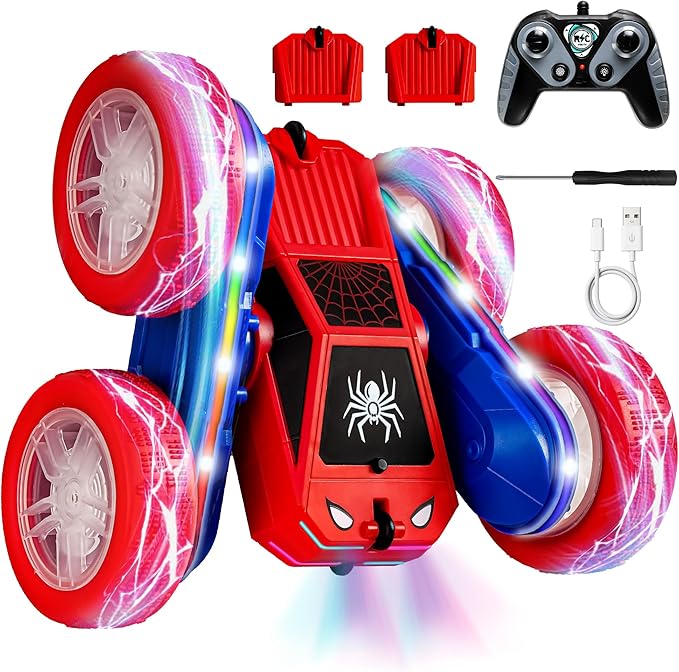 Spider Remote Control Car 4WD 360° Flips RC Stunt Car Toys Cyber-Inspired Double-Sided Drift Rc Cars with LED Lights 2 Rechargeable Charge Battery Modules Toys and Gift for Boys Age 3-12