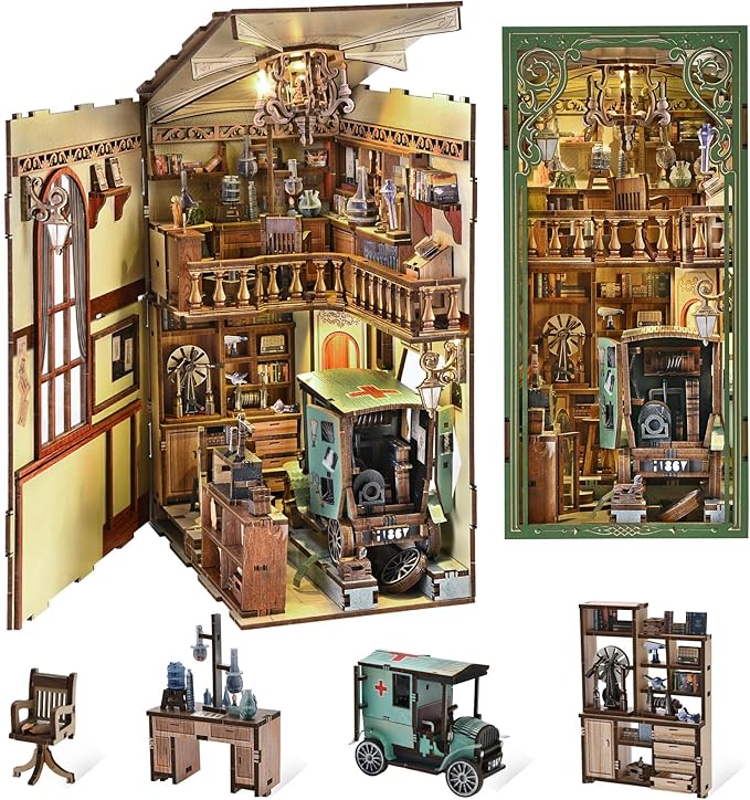 Book Nook Kit DIY Miniature Dollhouse Book Nook Kit with Dust Cover and LED Light-The Radium Lady