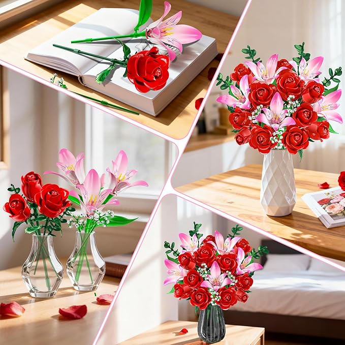 Rose Flower Bouquet Building Set with LED - Red Rose Botanical Collection Building Block Set for Adults Pink Lilies Artificial Plant for Home Decor Easter Gifts for Her Women Girls