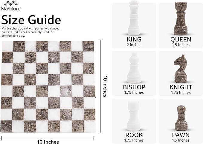 Marble Chess Set 10 Inch White &amp Oceanic Luxury Chess Board Set with 32 Pieces &amp 2 Extra Queens Classic 2 Player Game for Adults Travel &amp Home Decor Friendly
