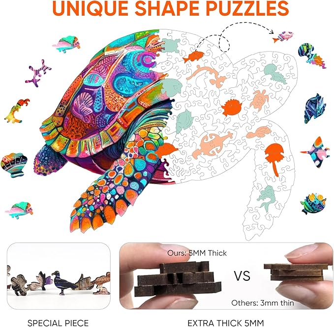 Mys Aurora Colorful Turtle Puzzles for Adults 200 Pieces 5MM Thick Wooden Jigsaw Puzzles Unique Shape Puzzle Ocean Wood Puzzles for Adults and Kids Birthday Gifts Family Game 11.4 * 11.4 inches