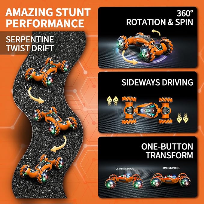 Gesture Sensing RC Stunt Car with Light Music and Mist Spray for Kids 6+ 4WD Off-Road Drift Remote Control Car 2.4GHz Glove Remote Rechargeable Toy Vehicle for Boys and Girls Birthday Gift