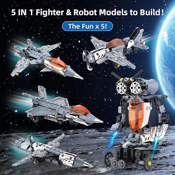 5 in 1 STEM RC Robot Building Kit Fighter Jet Airplane Building Set with APP &amp 2.4GHz Remote Control Technic Transformable Fighter Plane Toys for Kids Boys Age 6 7 8 9 10 11 12+ Birthday Gifts