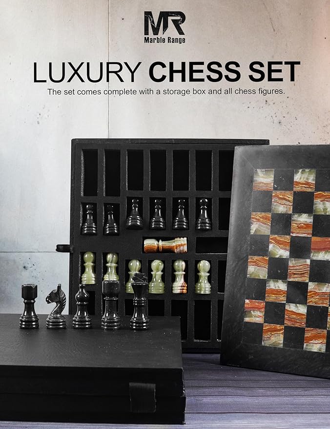 Marble Chess Set for Adults 12 Handmade Black &amp Green Onyx Board Game with 32 Chess Pieces 2 Extra Queens &amp Storage Box Luxury Travel Game Elegant for Home Decor