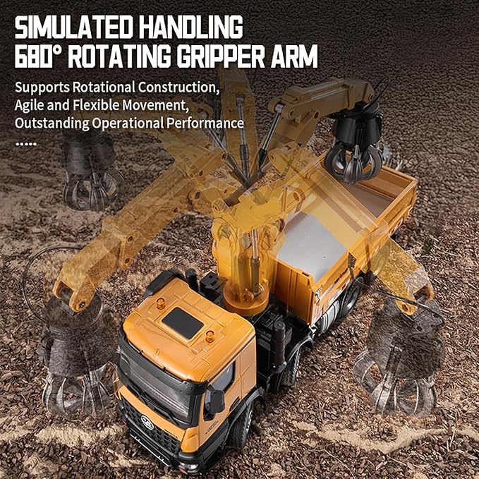 20-Inch 3 in 1 Remote Control Dump Truck Wood Grabber 26-Channels 1/14 Scale 6.6LBS Load Capacity RC Heavy Duty Metal Construction Vehicles Toy for 14y+ Beginners (8 Wheels)